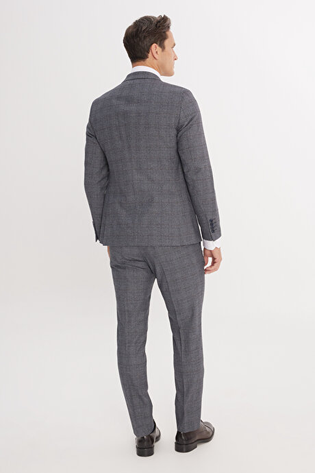 Ekstra Slim Fit Dar Kesim Mono Yaka Kareli Kapak Cepli Gri-Mavi Takım Elbise resmi