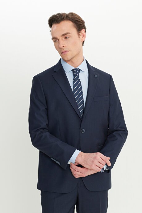 Regular Fit Rahat Kesim Mono Yaka Filafil Desenli Kapak Cepli Esnek Lacivert Takım Elbise resmi