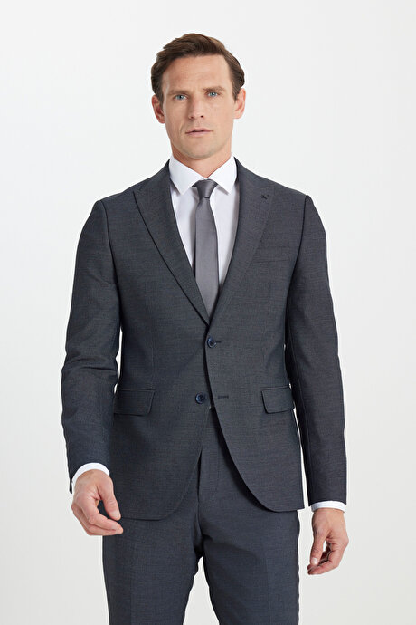 Yün Slim Fit Dar Kesim Kırlangıç Yaka Desenli Kapak Cepli Lacivert-Beyaz Takım Elbise resmi