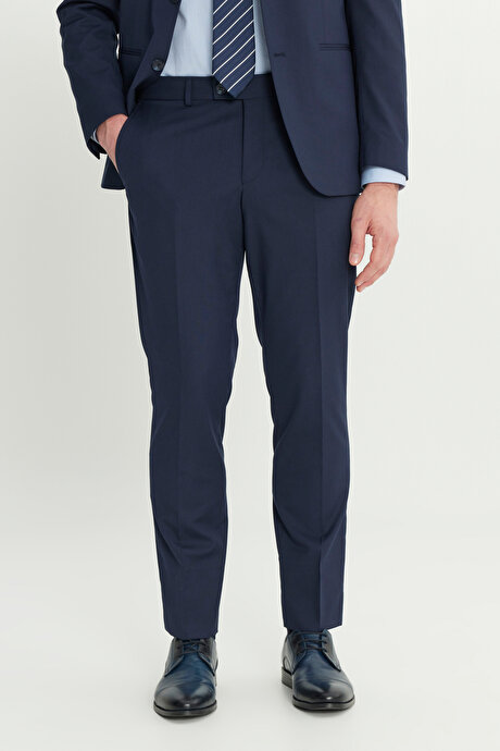 Slim Fit Dar Kesim Kırlangıç Yaka Kapak Cepli Çizgili Esnek Lacivert Takım Elbise resmi