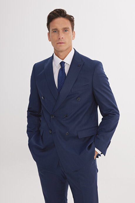 Slim Fit Dar Kesim Kırlangıç Yaka Çizgili Kapak Cepli Kruvaze Lacivert-Gri Takım Elbise resmi