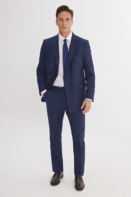 Slim Fit Dar Kesim Kırlangıç Yaka Çizgili Kapak Cepli Kruvaze Lacivert-Gri Takım Elbise resmi