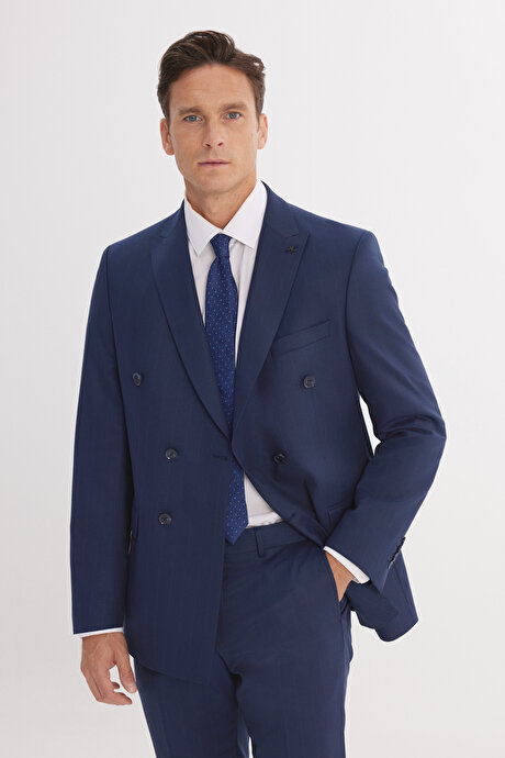 Slim Fit Dar Kesim Kırlangıç Yaka Çizgili Kapak Cepli Kruvaze Lacivert-Gri Takım Elbise resmi