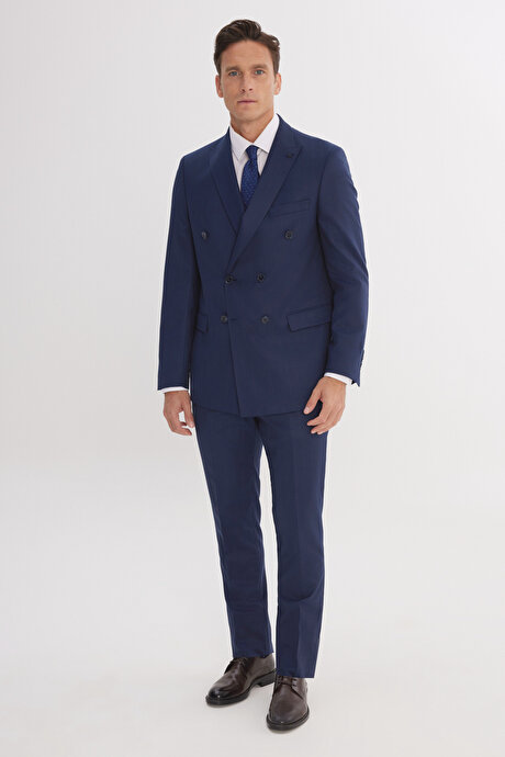 Slim Fit Dar Kesim Kırlangıç Yaka Çizgili Kapak Cepli Kruvaze Lacivert-Gri Takım Elbise resmi