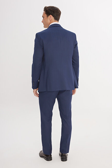 Slim Fit Dar Kesim Kırlangıç Yaka Çizgili Kapak Cepli Kruvaze Lacivert-Gri Takım Elbise resmi