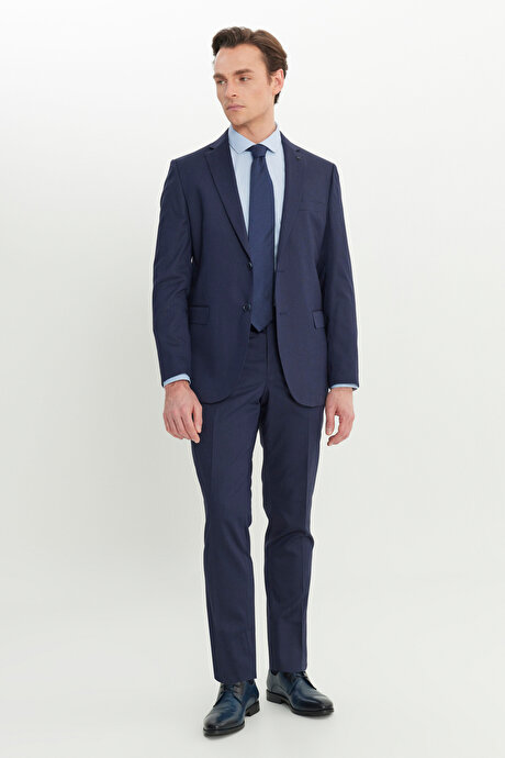 Slim Fit Dar Kesim Mono Yaka Kapak Cepli Desenli Esnek Lacivert Takım Elbise resmi