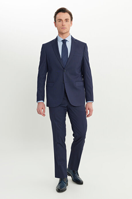 Slim Fit Dar Kesim Mono Yaka Kapak Cepli Desenli Esnek Lacivert Takım Elbise resmi