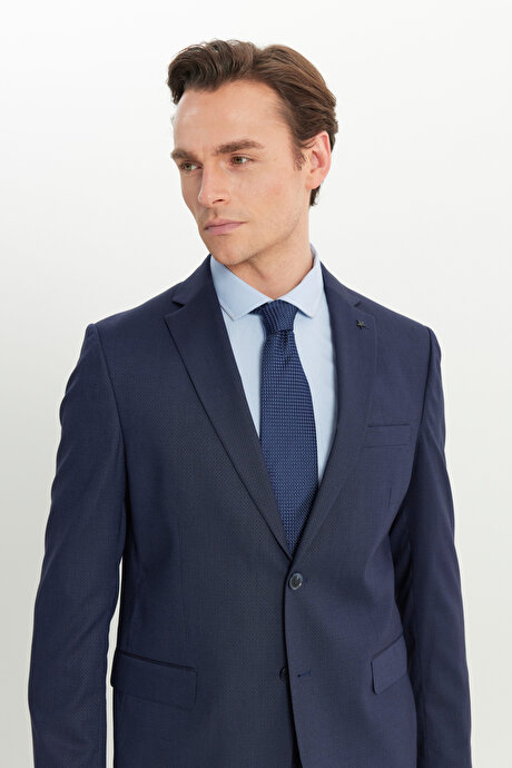 Slim Fit Dar Kesim Mono Yaka Kapak Cepli Desenli Esnek Lacivert Takım Elbise resmi