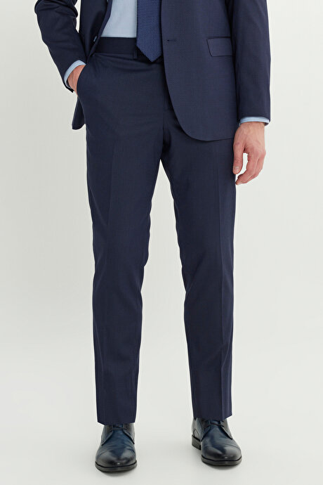 Slim Fit Dar Kesim Mono Yaka Kapak Cepli Desenli Esnek Lacivert Takım Elbise resmi