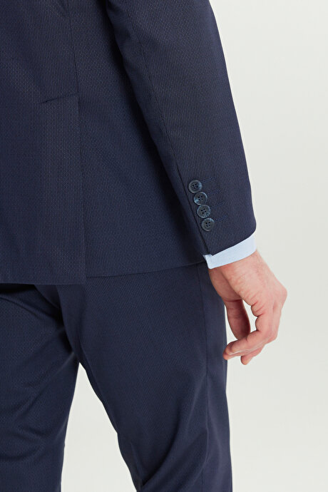 Slim Fit Dar Kesim Mono Yaka Kapak Cepli Desenli Esnek Lacivert Takım Elbise resmi