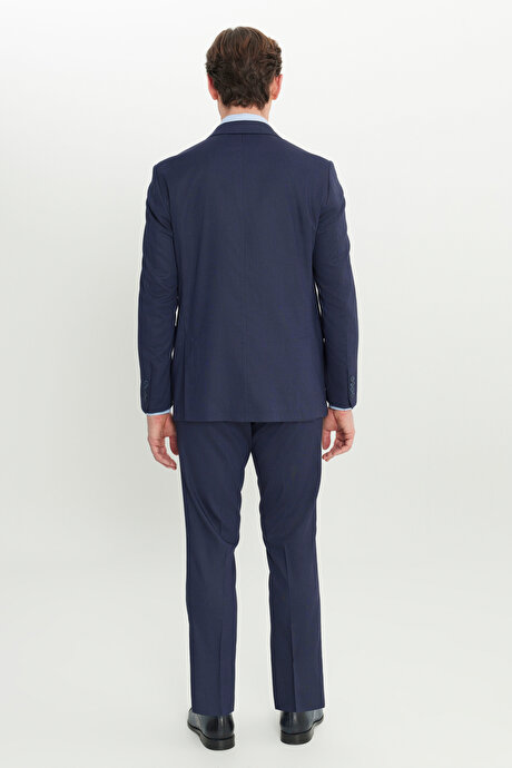 Slim Fit Dar Kesim Mono Yaka Kapak Cepli Desenli Esnek Lacivert Takım Elbise resmi