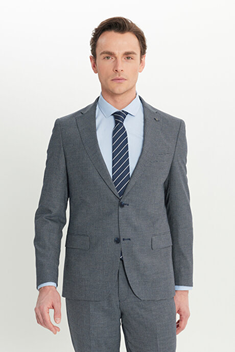 Ekstra Slim Fit Dar Kesim Mono Yaka Kazayağı Desenli Kapak Cepli Yün Esnek Lacivert-Mavi Takım Elbise resmi