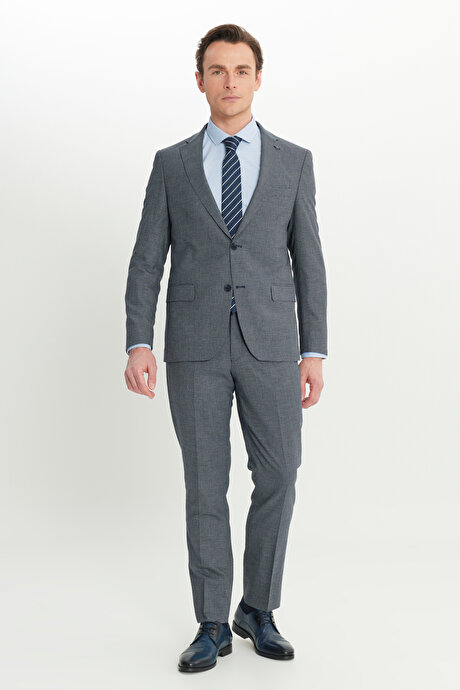 Ekstra Slim Fit Dar Kesim Mono Yaka Kazayağı Desenli Kapak Cepli Yün Esnek Lacivert-Mavi Takım Elbise resmi