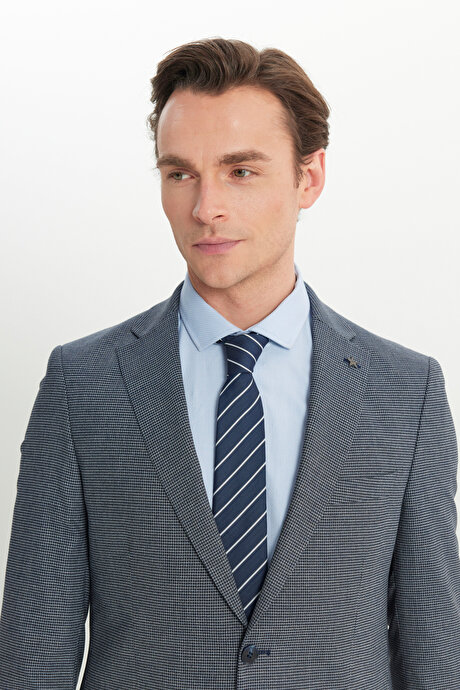 Ekstra Slim Fit Dar Kesim Mono Yaka Kazayağı Desenli Kapak Cepli Yün Esnek Lacivert-Mavi Takım Elbise resmi