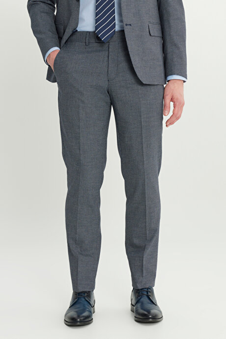 Ekstra Slim Fit Dar Kesim Mono Yaka Kazayağı Desenli Kapak Cepli Yün Esnek Lacivert-Mavi Takım Elbise resmi