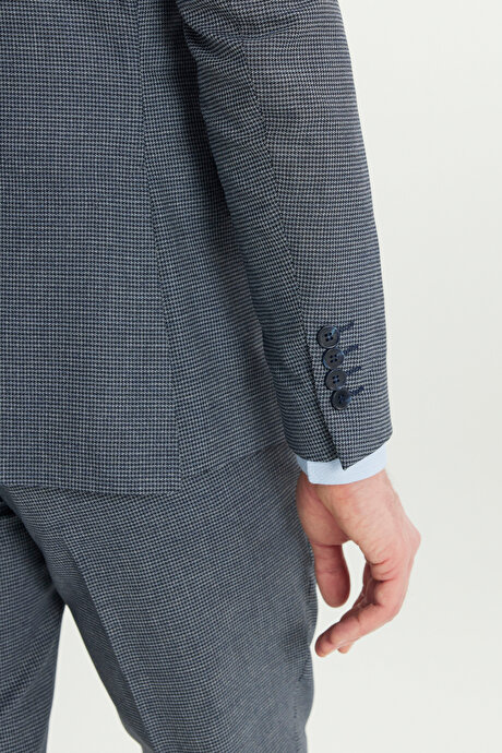 Ekstra Slim Fit Dar Kesim Mono Yaka Kazayağı Desenli Kapak Cepli Yün Esnek Lacivert-Mavi Takım Elbise resmi