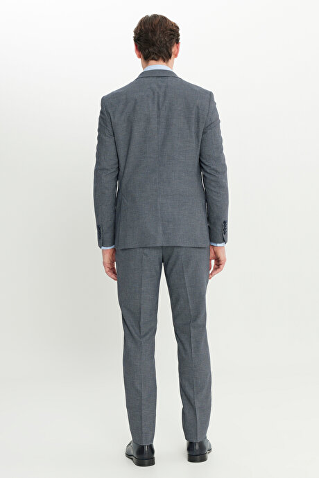 Ekstra Slim Fit Dar Kesim Mono Yaka Kazayağı Desenli Kapak Cepli Yün Esnek Lacivert-Mavi Takım Elbise resmi