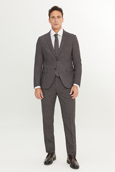 Yünlü Ekstra Slim Fit Dar Kesim Mono Yaka Kaz Ayağı Desenli Bordo-Gri Takım Elbise resmi