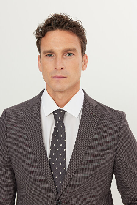 Yünlü Ekstra Slim Fit Dar Kesim Mono Yaka Kaz Ayağı Desenli Bordo-Gri Takım Elbise resmi