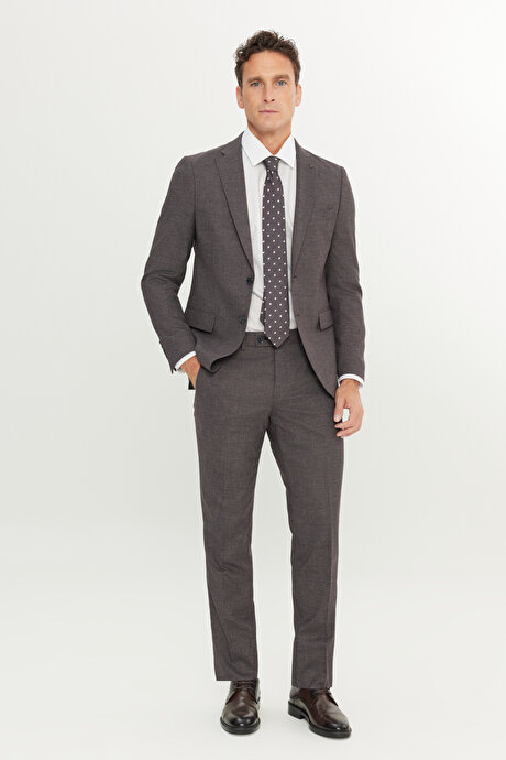 Yünlü Ekstra Slim Fit Dar Kesim Mono Yaka Kaz Ayağı Desenli Bordo-Gri Takım Elbise resmi