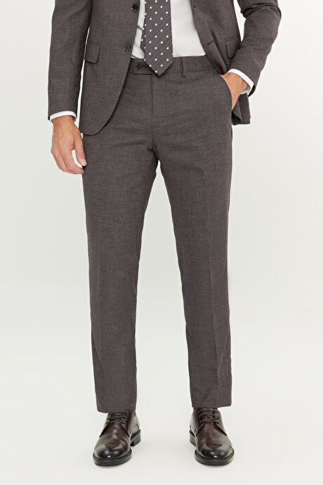 Yünlü Ekstra Slim Fit Dar Kesim Mono Yaka Kaz Ayağı Desenli Bordo-Gri Takım Elbise resmi