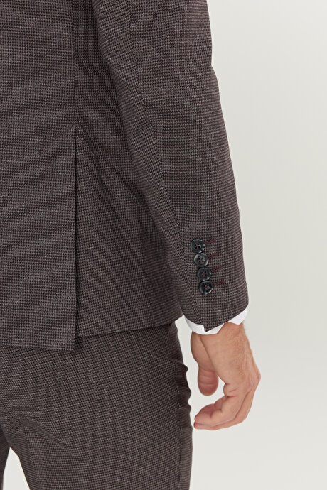 Yünlü Ekstra Slim Fit Dar Kesim Mono Yaka Kaz Ayağı Desenli Bordo-Gri Takım Elbise resmi