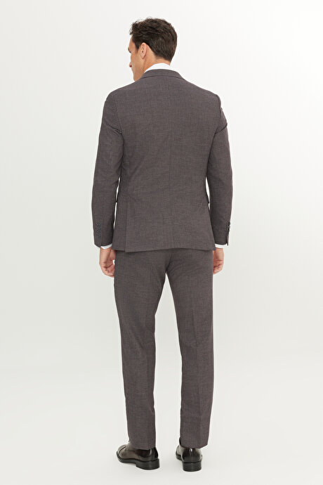 Yünlü Ekstra Slim Fit Dar Kesim Mono Yaka Kaz Ayağı Desenli Bordo-Gri Takım Elbise resmi