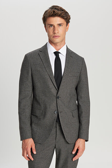 Slim Fit Dar Kesim Mono Yaka Kazayağı Desenli Kapak Cepli Esnek Kahve-Gri Takım Elbise resmi