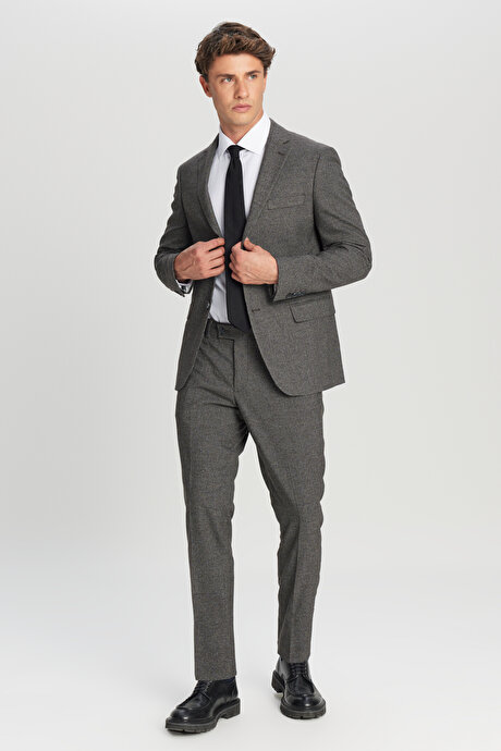 Slim Fit Dar Kesim Mono Yaka Kazayağı Desenli Kapak Cepli Esnek Kahve-Gri Takım Elbise resmi