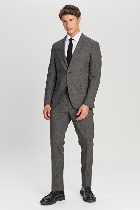 Slim Fit Dar Kesim Mono Yaka Kazayağı Desenli Kapak Cepli Esnek Kahve-Gri Takım Elbise resmi