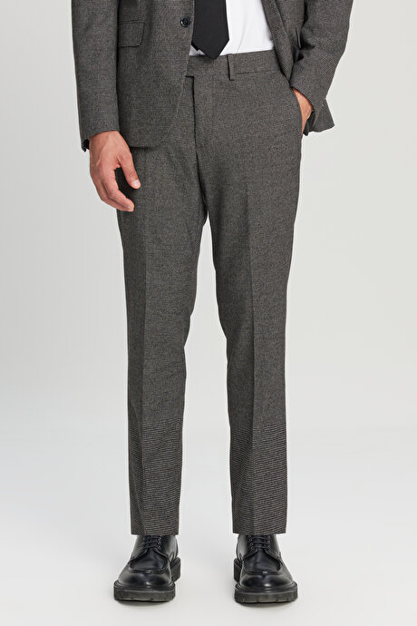 Slim Fit Dar Kesim Mono Yaka Kazayağı Desenli Kapak Cepli Esnek Kahve-Gri Takım Elbise resmi