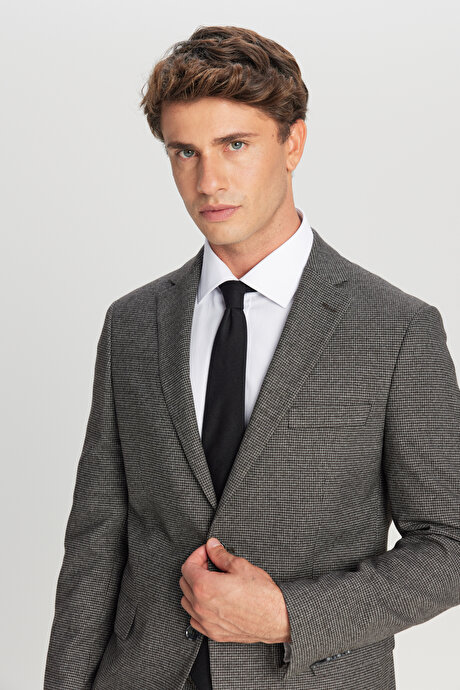 Slim Fit Dar Kesim Mono Yaka Kazayağı Desenli Kapak Cepli Esnek Kahve-Gri Takım Elbise resmi