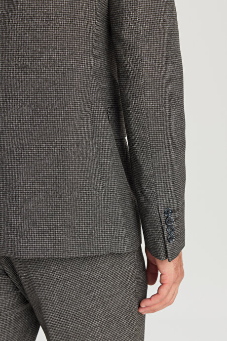 Slim Fit Dar Kesim Mono Yaka Kazayağı Desenli Kapak Cepli Esnek Kahve-Gri Takım Elbise resmi