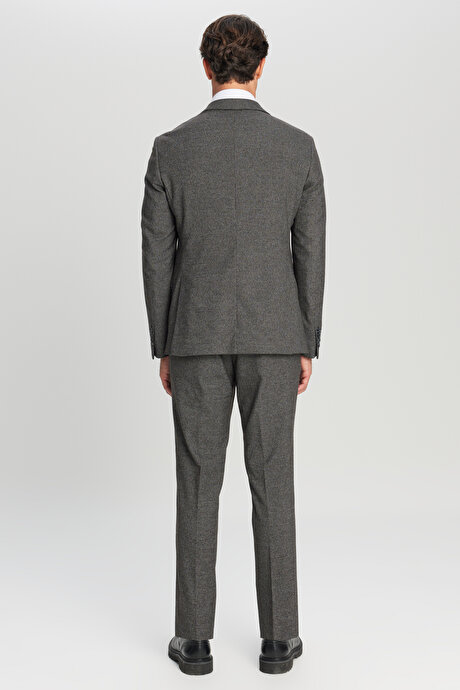 Slim Fit Dar Kesim Mono Yaka Kazayağı Desenli Kapak Cepli Esnek Kahve-Gri Takım Elbise resmi