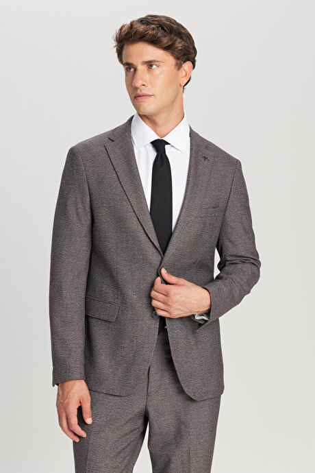 Slim Fit Dar Kesim Mono Yaka Desenli Kapak Cepli Esnek Bordo-Gri Takım Elbise resmi