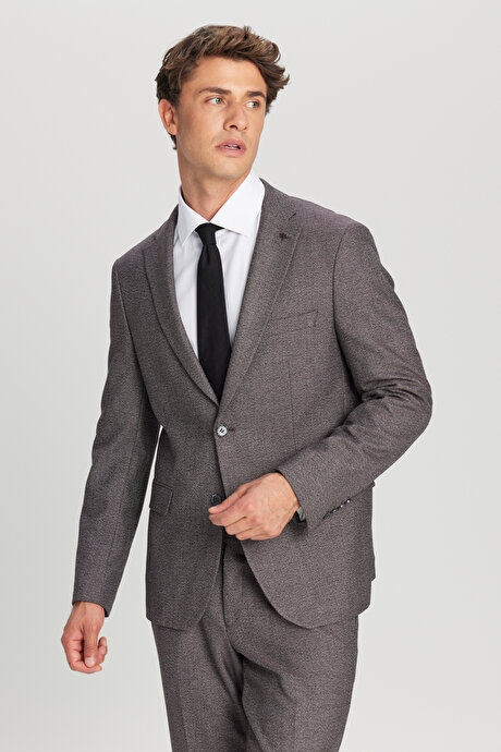 Slim Fit Dar Kesim Mono Yaka Desenli Kapak Cepli Esnek Bordo-Gri Takım Elbise resmi