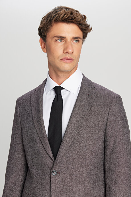 Slim Fit Dar Kesim Mono Yaka Desenli Kapak Cepli Esnek Bordo-Gri Takım Elbise resmi