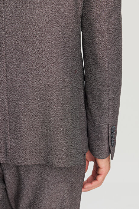 Slim Fit Dar Kesim Mono Yaka Desenli Kapak Cepli Esnek Bordo-Gri Takım Elbise resmi