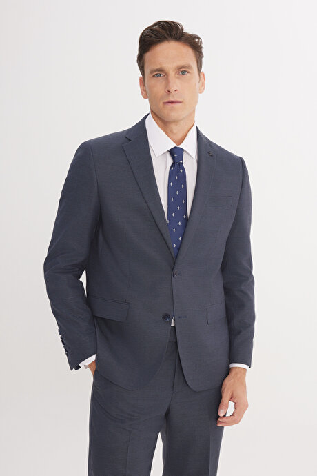 Regular Fit Rahat Kesim Mono Yaka Desenli Kapak Cepli Esnek Lacivert-Mavi Takım Elbise resmi