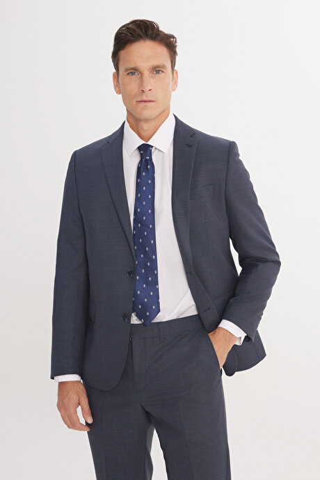 Regular Fit Rahat Kesim Mono Yaka Desenli Kapak Cepli Esnek Lacivert-Mavi Takım Elbise resmi