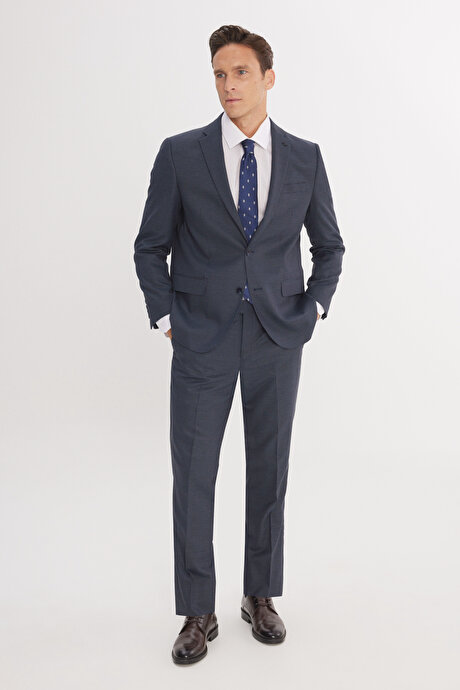 Regular Fit Rahat Kesim Mono Yaka Desenli Kapak Cepli Esnek Lacivert-Mavi Takım Elbise resmi