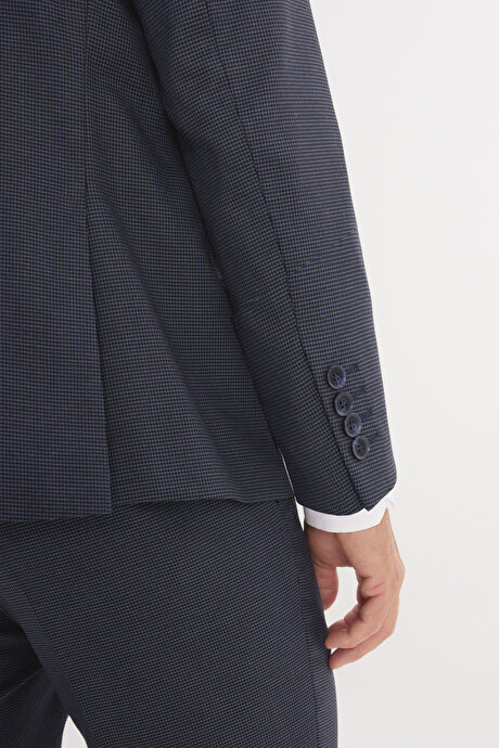 Regular Fit Rahat Kesim Mono Yaka Desenli Kapak Cepli Esnek Lacivert-Mavi Takım Elbise resmi