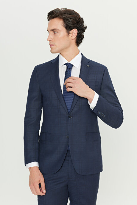 Slim Fit Dar Kesim Mono Yaka Kareli Kapak Cepli Lacivert Takım Elbise resmi