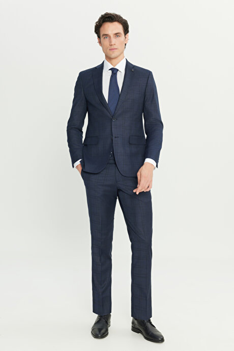 Slim Fit Dar Kesim Mono Yaka Kareli Kapak Cepli Lacivert Takım Elbise resmi