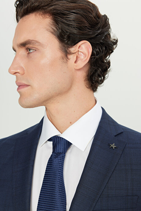 Slim Fit Dar Kesim Mono Yaka Kareli Kapak Cepli Lacivert Takım Elbise resmi