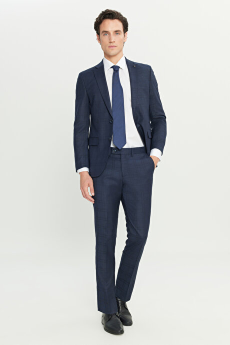 Slim Fit Dar Kesim Mono Yaka Kareli Kapak Cepli Lacivert Takım Elbise resmi