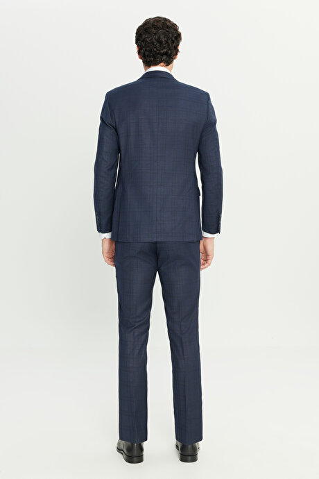 Slim Fit Dar Kesim Mono Yaka Kareli Kapak Cepli Lacivert Takım Elbise resmi
