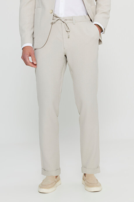 Slim Fit Dar Kesim Mono Yaka Çizgili Gofre Desenli Torba Cepli Esnek Bej Takım Elbise resmi