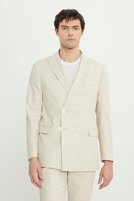 Keten Slim Fit Dar Kesim Kırlangıç Yaka Desenli Torba Cepli Kruvaze Bej Takım Elbise resmi