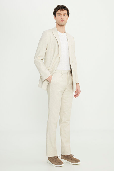 Keten Slim Fit Dar Kesim Kırlangıç Yaka Desenli Torba Cepli Kruvaze Bej Takım Elbise resmi